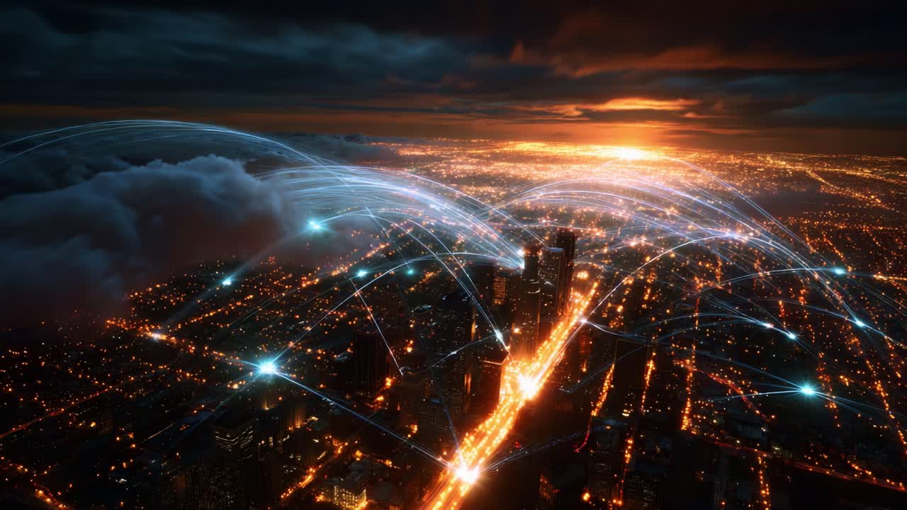 Aerial View of a Cityscape at Dawn, Highlighting the Connectivity of Urban Life with Radiant Light Trails Interconnecting Buildings Amidst Dramatic Cloud Scenery, Signifying Energy and Modern Living
