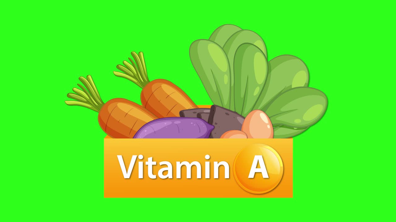 Animated vitamin A box reveals assorted vegetables, bright green background, smooth transitions, flat vector style