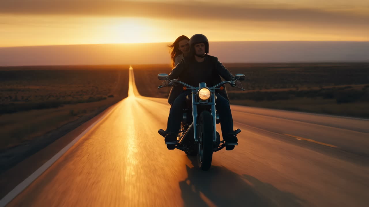 A couple riding a motorcycle on a long open road at sunset