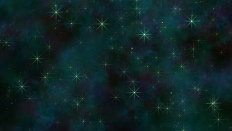galaxy with fly green stars and glitters in blue clouds