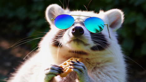 raccoon in sunglasses eating a snack