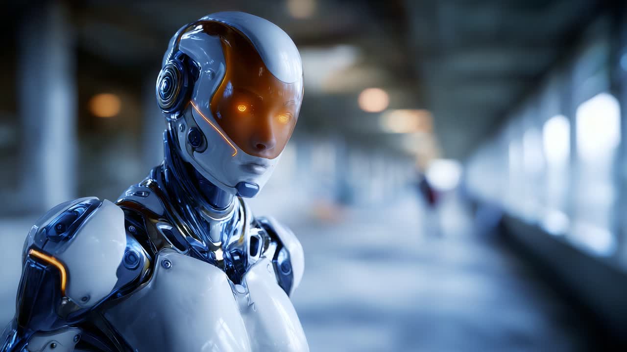 Fütüristik bir insansı robot, robotik ve yapay zekanın evrimini vurgulayan gelişmiş tasarım, özellikler ve teknoloji sergileyerek yüksek teknolojiye sahip bir ortamda duruyor.