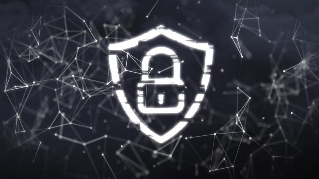 animación de la red de conexiones y el icono de candado sobre el negro del laboratorio americano