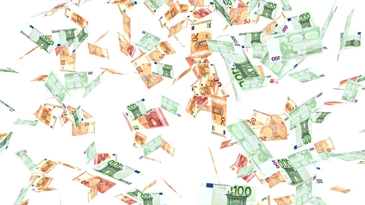 白い背景のユーロ紙幣の雨