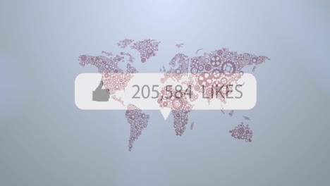 Animation-of-likes-text-with-growing-number-over-world-map-on-grey-backrgound