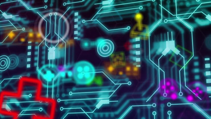 Animation of video game icons and data processing over circuit board