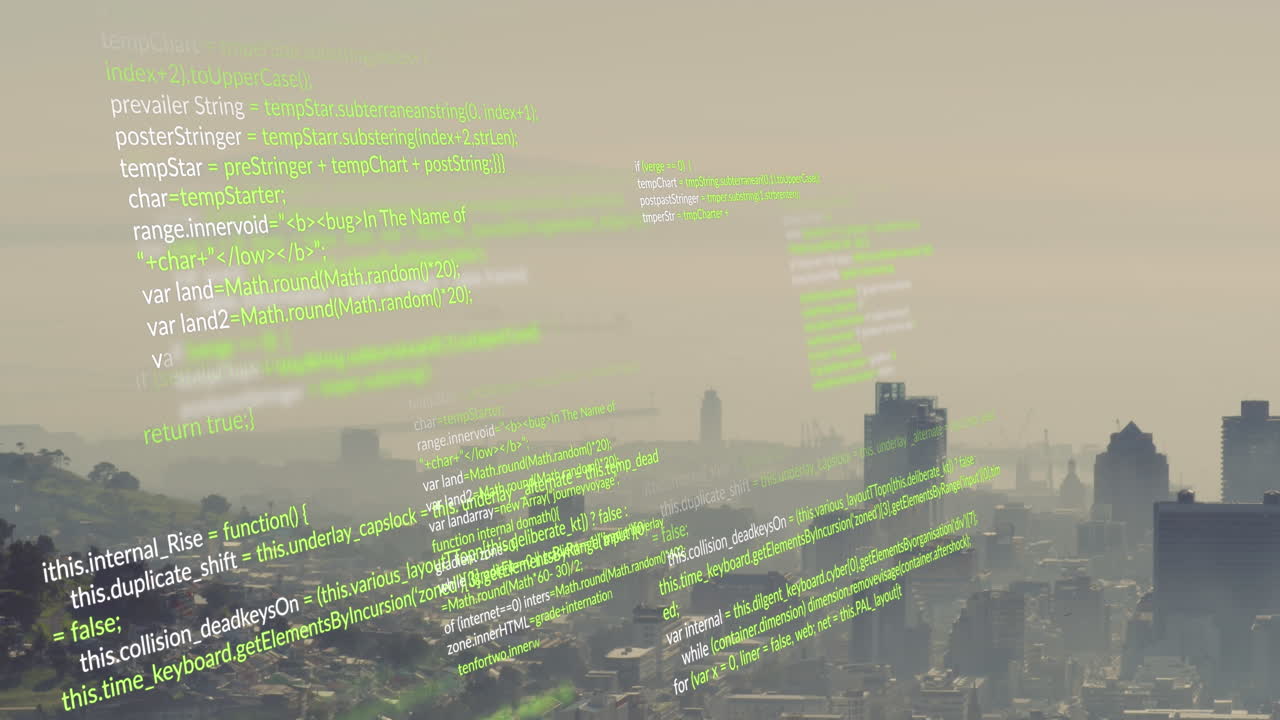 Animation of looping computer language over fog covered modern city against sky