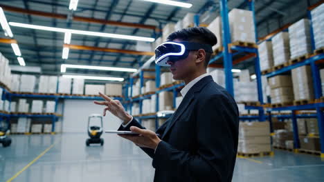 warehouse worker using vr headset for inventory management