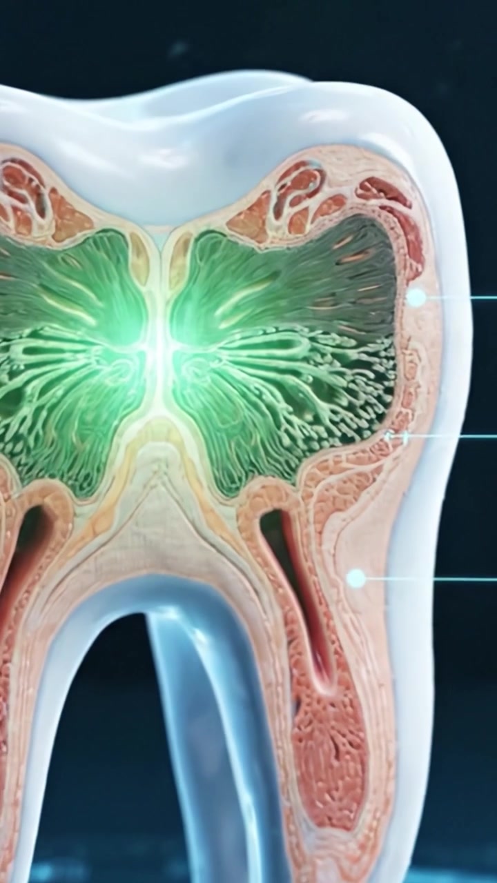Esplorare l'anatomia complessa di un dente: una visualizzazione dettagliata della struttura del dente dallo smalto alla camera pulpare, evidenziandone la funzionalità e la salute.