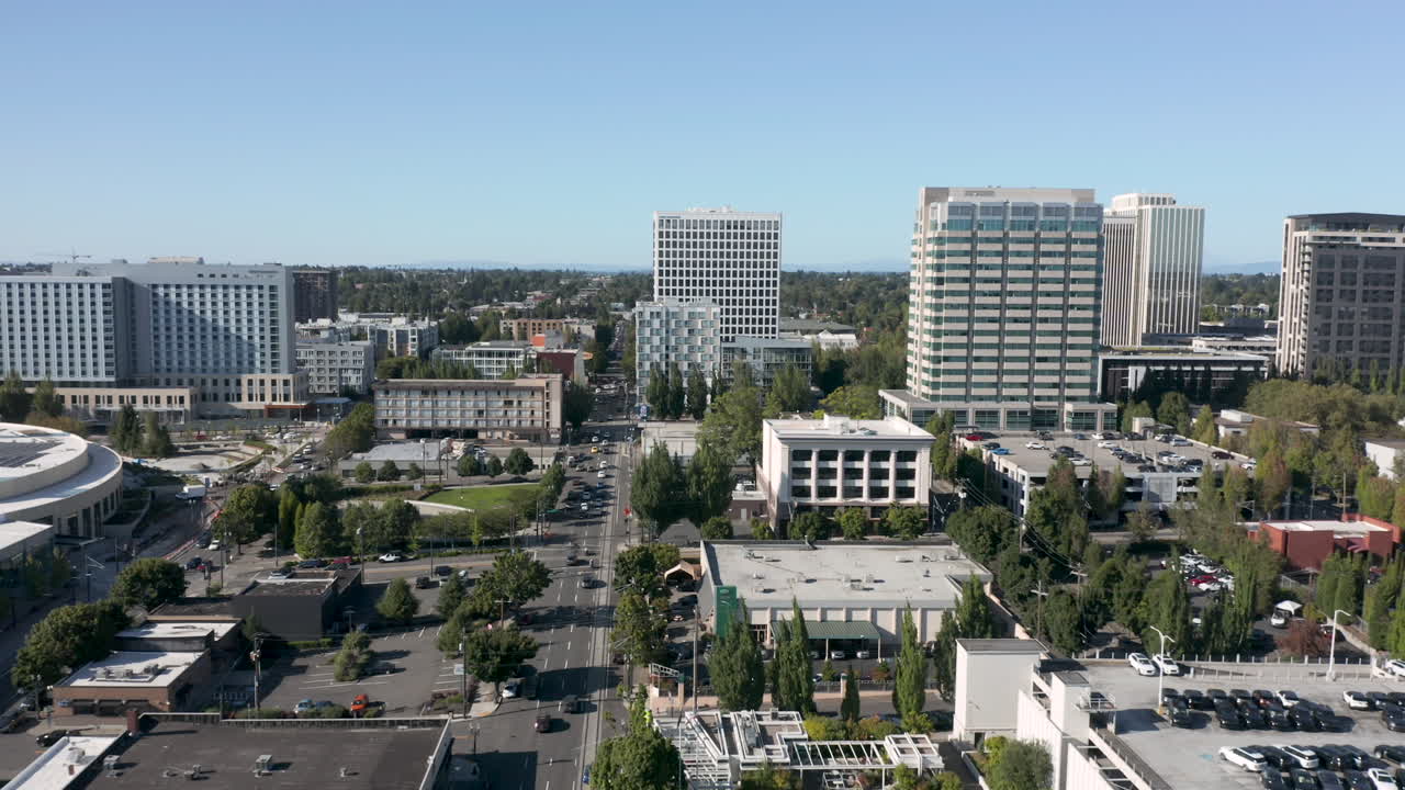 portland skyline forward dolly over traffic and buildings