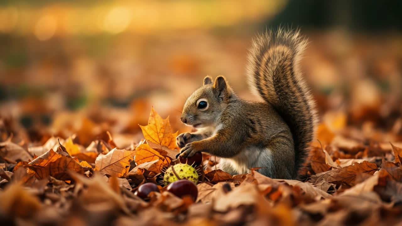 Uno scoiattolo giocoso circondato da vivaci foglie autunnali raccoglie con entusiasmo le ghiande, celebrando la bellezza dell'autunno nel suo habitat naturale e mostrando la sua natura curiosa.