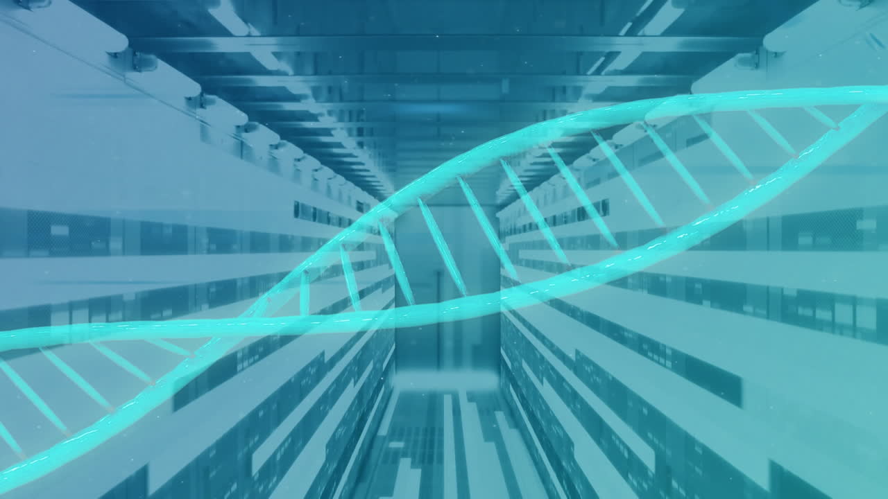 파란색 움직이는 선 위에서 회전하는 dna 가닥의 애니메이션