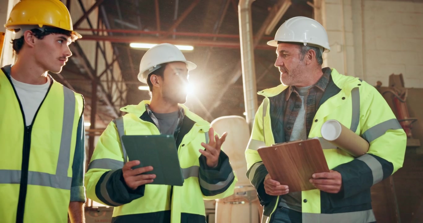 Construction Workers Discussing Project Plans in Warehouse