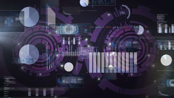 Animasjon av databehandling med grafer med lilla HUD-er på digitalt grensesnitt
