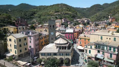 orbiting drone shot above monterosso cathedral in cinque terre, italy