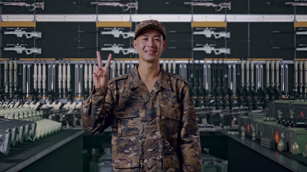 アジア人の兵士が微笑み、軍の武器庫でカメラに向かってピースサインをしている。