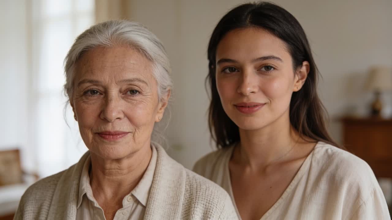 Smiling mother and daughter in neutral clothes softening smiles at home, camera turning on, window