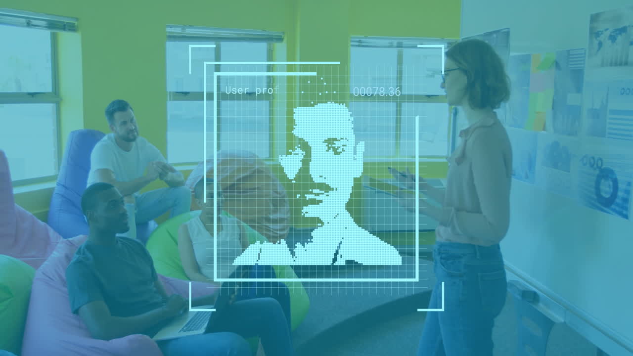 Collaborating in colorful office, diverse team with digital face recognition animation