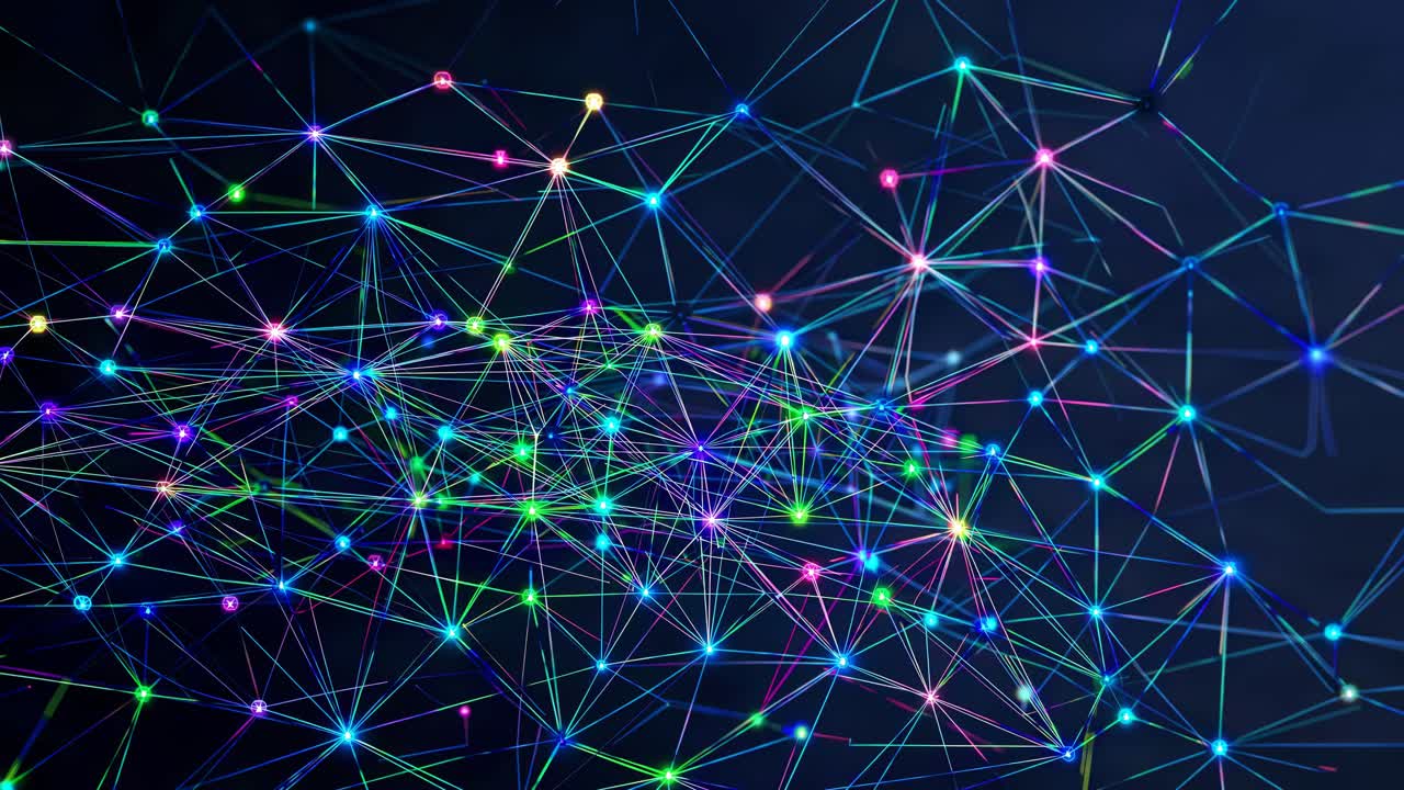 Dynamic network of colorful nodes and lines on a dark background, captured from a top-down angle
