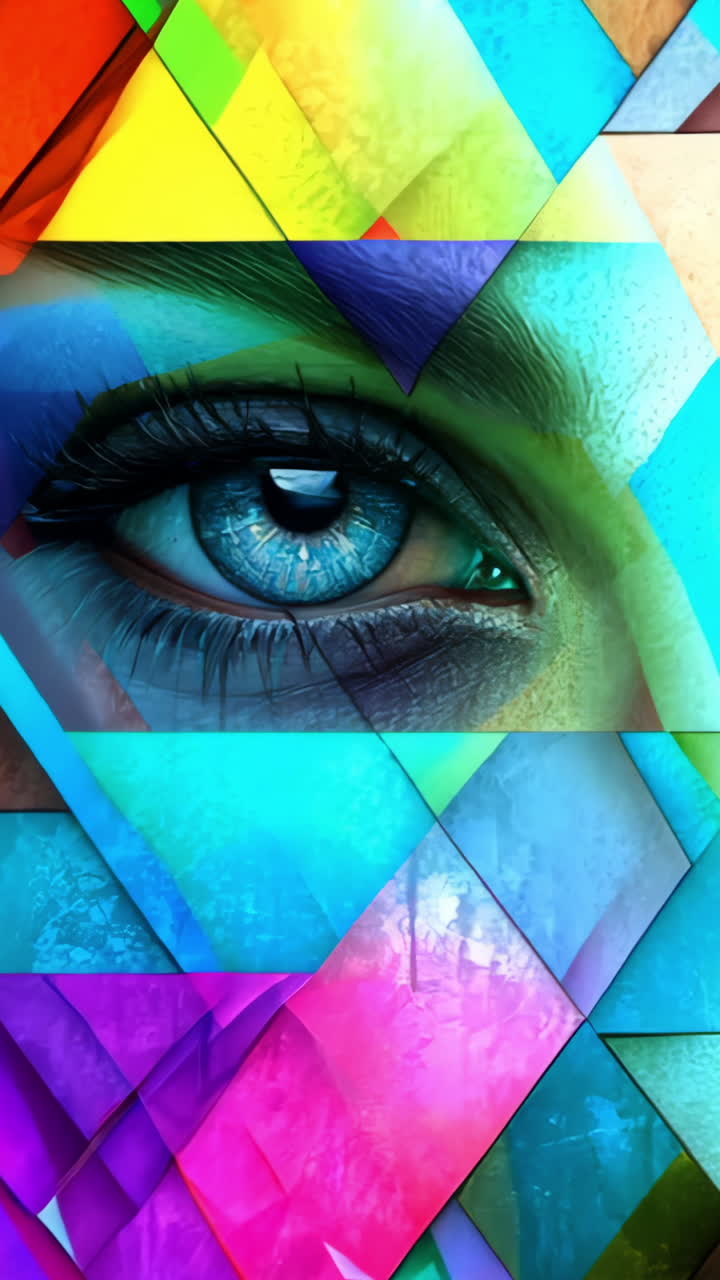 A colorful abstract painting of a woman's face with blue eyes. The painting is made up of many different colored triangles