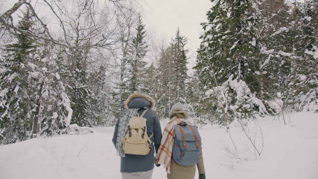 pareja de senderismo en un bosque nevado