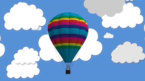 animación de un globo volador con una canasta sobre nubes sobre un fondo azul