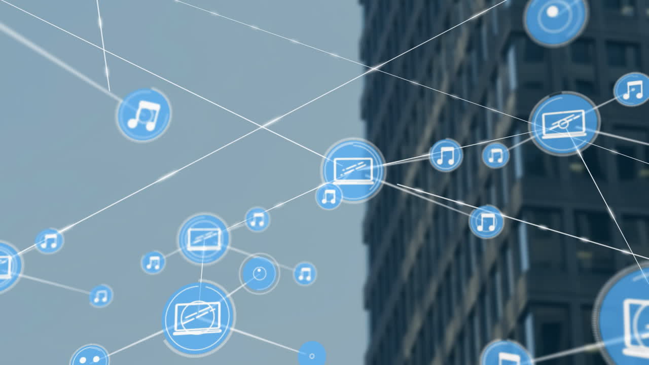Music and media icons connected by lines, network animation over cityscape