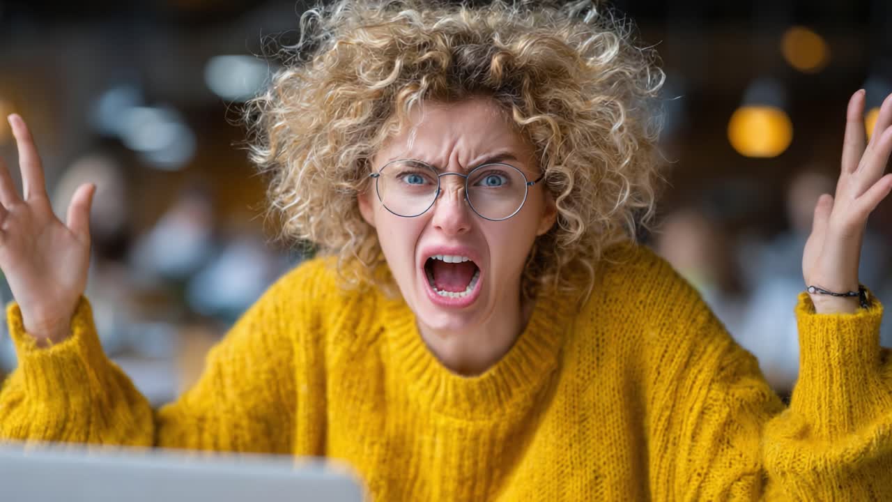 Frustration Unleashed: A Woman in a Cozy Sweater Expressing Extreme Anger and Distress While Seated at a Computer in a Bustling Environment Captured in Two Frames