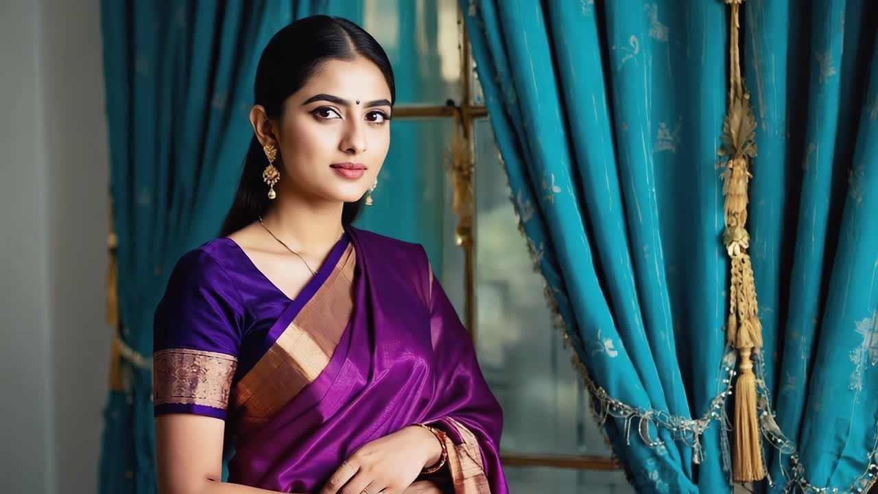 Elegante donna indiana che indossa un sari tradizionale viola e oro e gioielli d'oro, in piedi con sicurezza in un interno lussuoso con tende turchesi ornate, incarnando grazia ed eredità culturale.