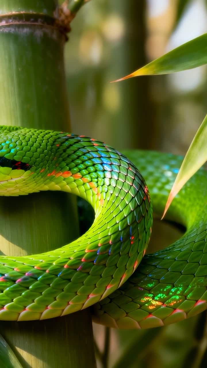 Video verticale: serpente verde verticale che stringe le spire su un fusto di bambù in un boschetto, reagendo alla brezza