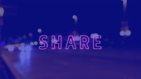 animación de texto compartido sobre el paisaje urbano por la noche sobre fondo azul