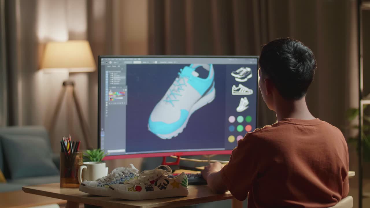 diseñador trabajando en un modelo de zapato 3d en casa