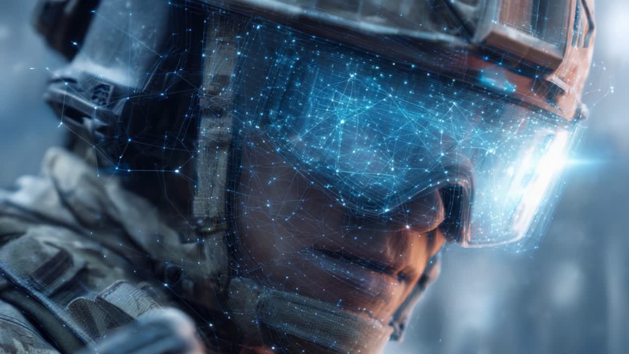 Un soldato futuristico con equipaggiamento da combattimento high-tech, che mostra una tecnologia visiera avanzata con interfacce digitalizzate e visualizzazione migliorata in un ambiente ostile