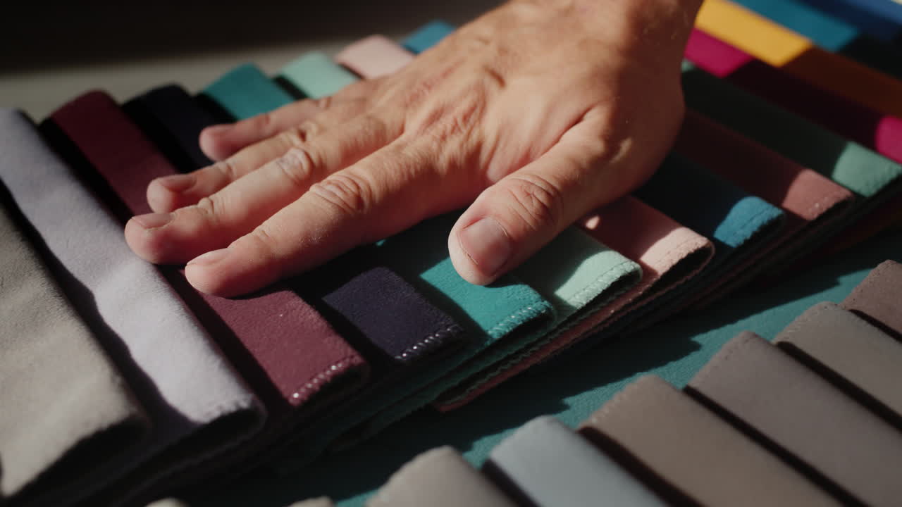 A man's hand touches samples of multi-colored fabric. Designer selects textiles for the project. Slider shot