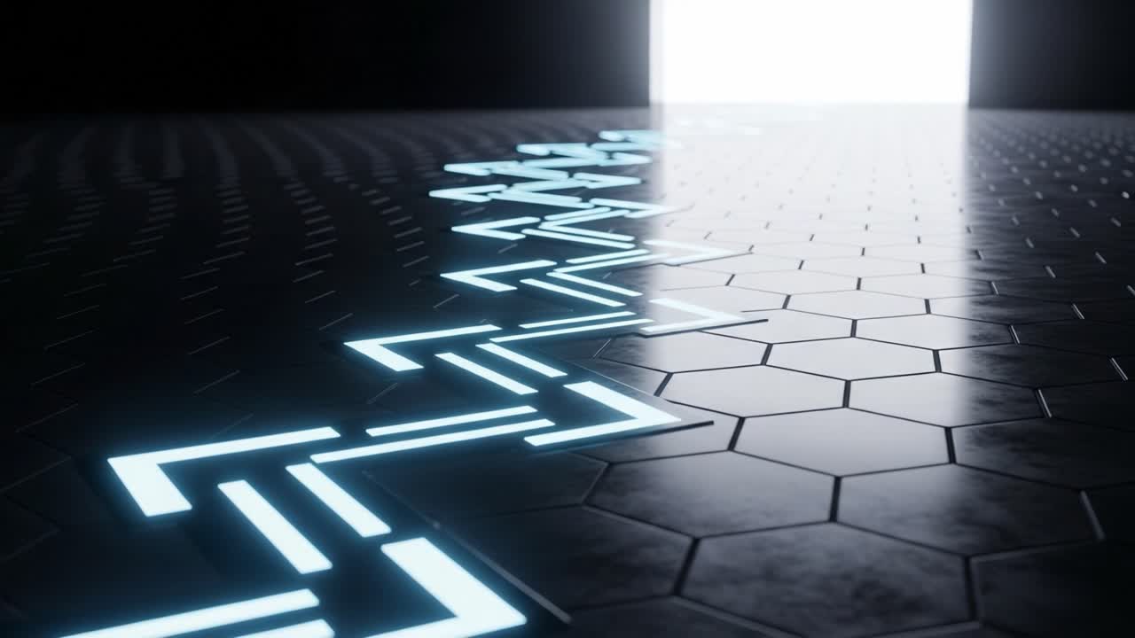 Illuminated Pathway Leading to a Bright Exit: A Futuristic Journey Through Geometric Designs and Light on a Honeycomb Floor