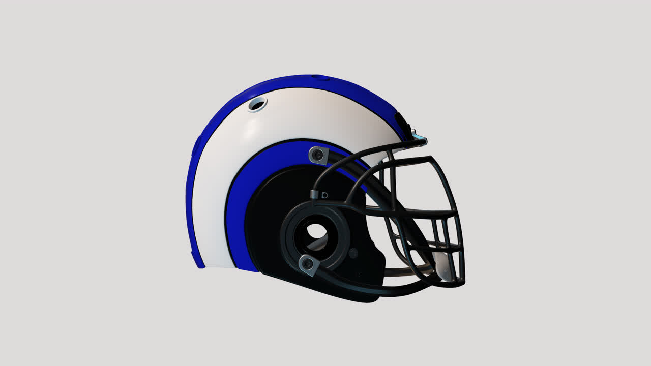 Capacete azul e branco de futebol americano girando em um plano de fundo branco