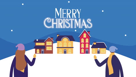 happy merry christmas card with people in snowscape