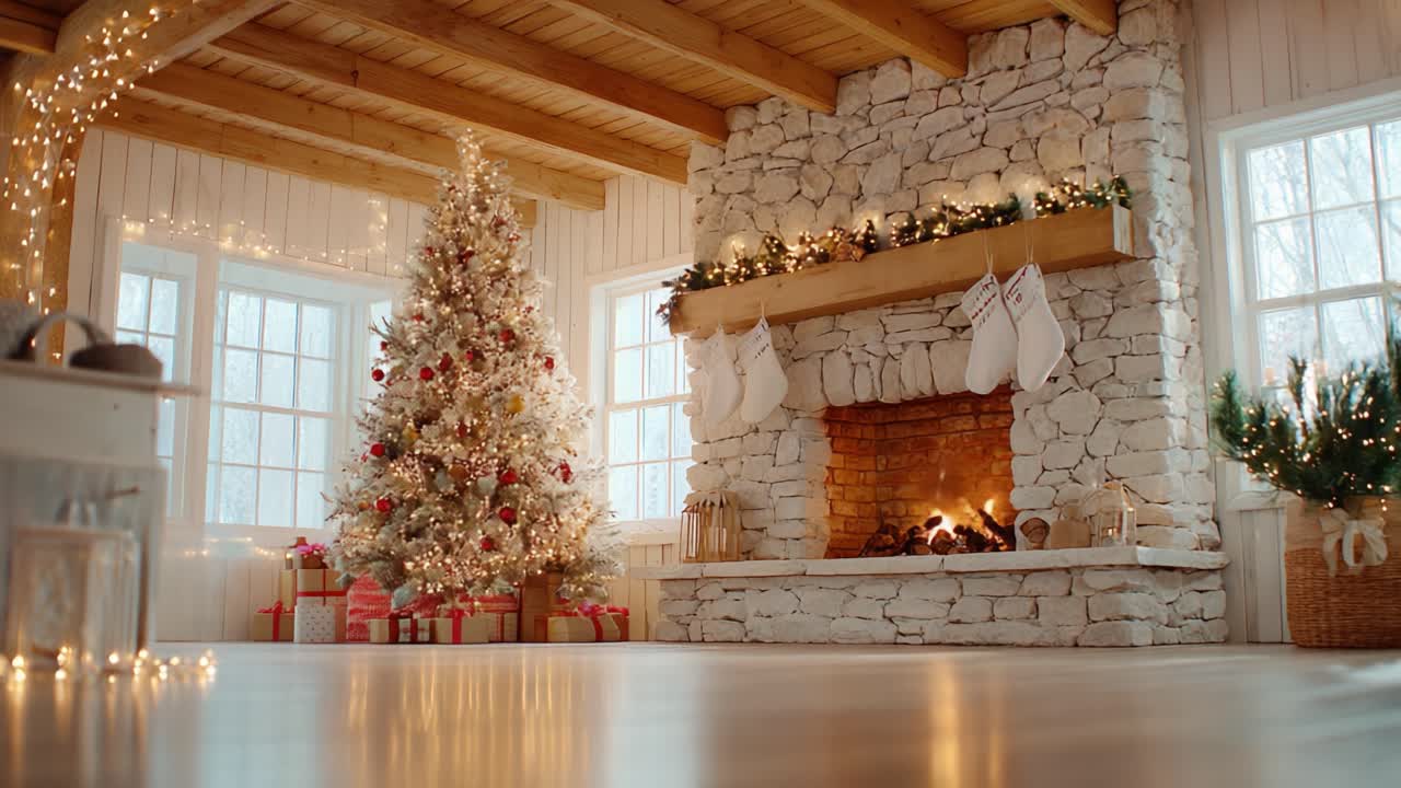 A Cozy Holiday Living Room Decorated for Christmas with a Beautiful Tree, Glittering Lights, and a Warm Fireplace Creating a Welcoming Atmosphere