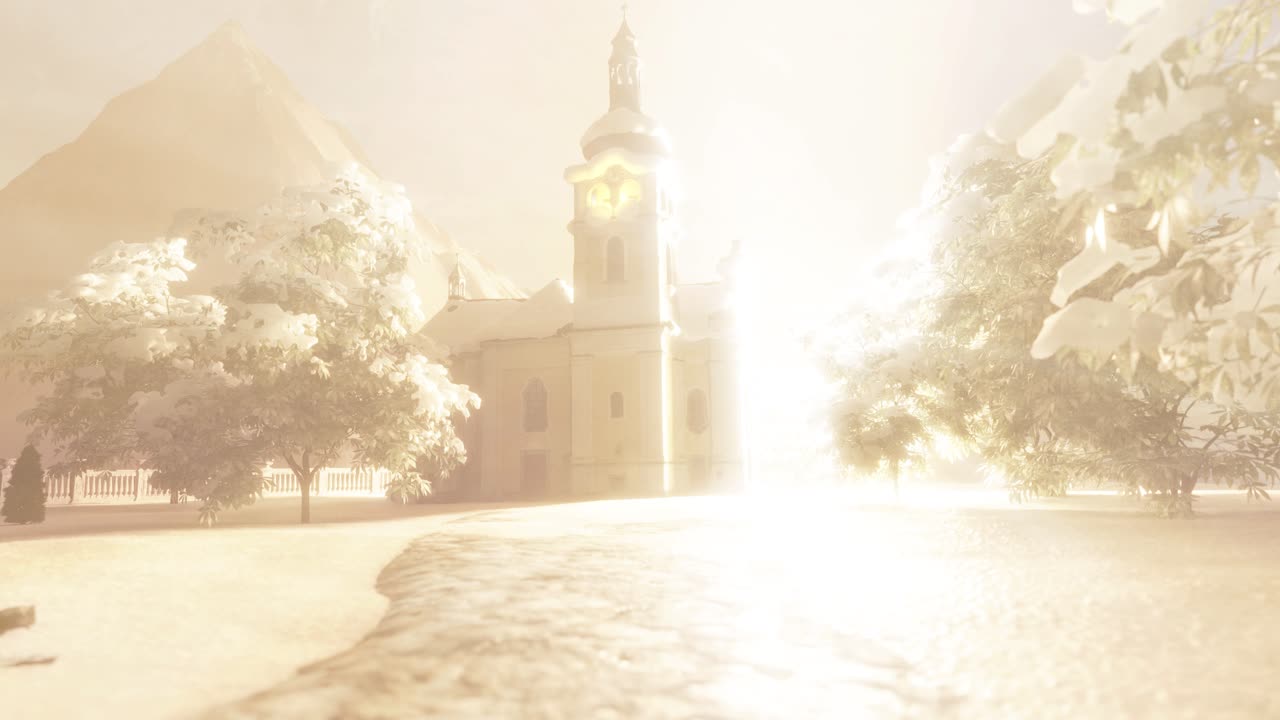 iglesia bañándose en una luz dorada durante un hermoso amanecer de invierno