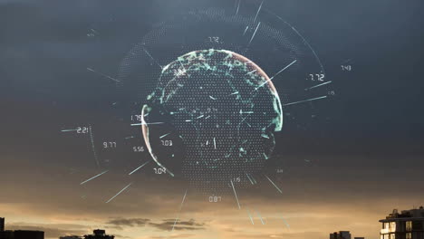 animation of illuminated numbers around globe over silhouette of building against sky