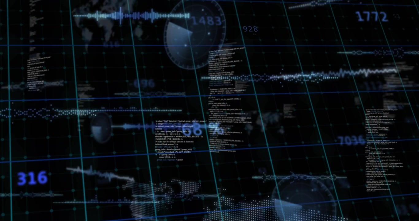 Starting sequence, animated teal grid building HUD, displaying global data, waveforms, numbers