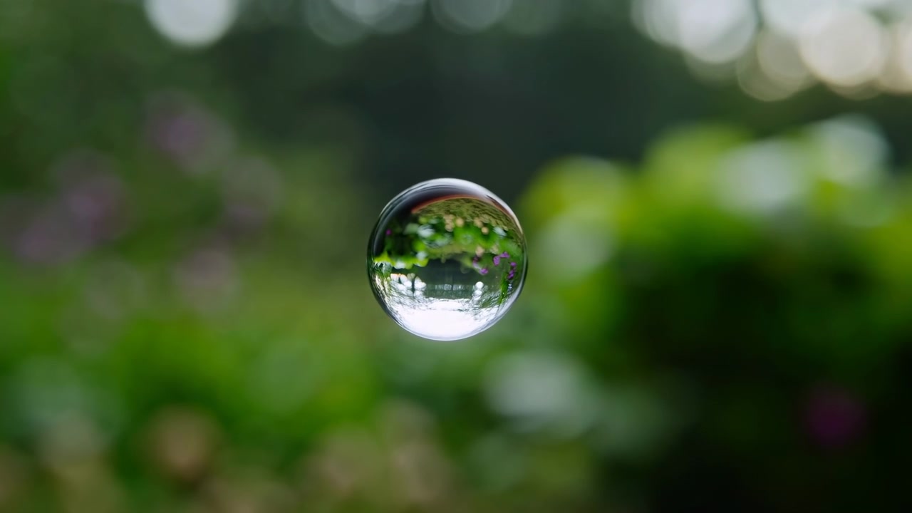 Ein einzelner Wassertropfen bewegt sich nach oben, bleibt dabei scharf definiert und zeigt umgedrehte Vegetation im Inneren der glänzenden Kugel vor einem weichen Garten-Bokeh, sanftem Licht und einem ruhigen natürlichen Hintergrund.