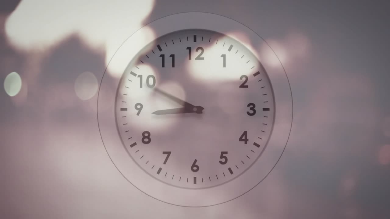 On start translucent clock face starting hands rotating clockwise, sweeping showing time passage