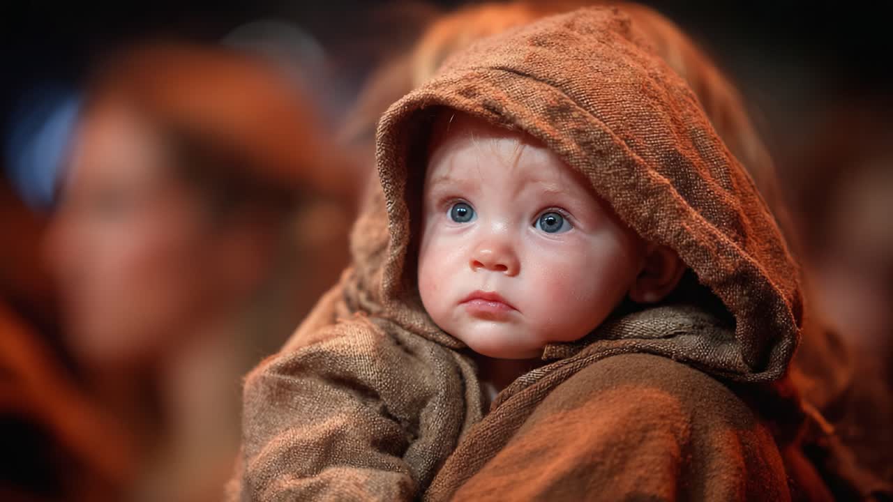Captivating Portrait of an Enigmatic Child in a Brown Hooded Garment, Evoking Curiosity and Innocence Amidst a Mysterious Background of Soft Lighting and Shadows