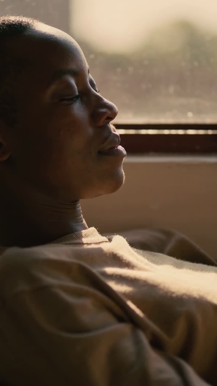 Vertical video: Breathing woman reacting to sun at window in bedroom resting on cushion plain shirt