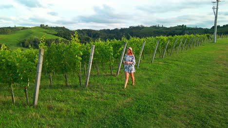 stunning drone footage of a white caucasian woman with a knitted hat in a dress walking through vineyards of jeruzalem and admiring the surroundings