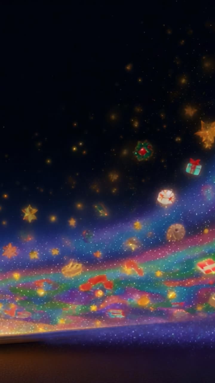 A Magical Night Sky Filled with Twinkling Stars, Whimsical Gifts, and Vibrant Holiday Colors Creating a Joyous Atmosphere of Festivity and Celebration Under the Cosmic Canopy of Enchantment