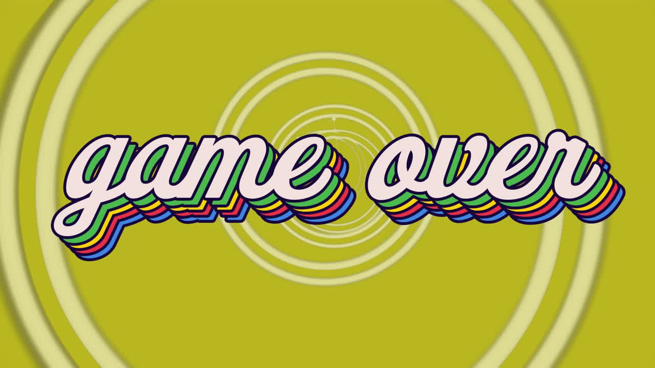 라임 배경에 여러 개의  ⁇ 색 윤 ⁇  원 위에 무지개 텍스트 위에 레트로 게임의 애니메이션