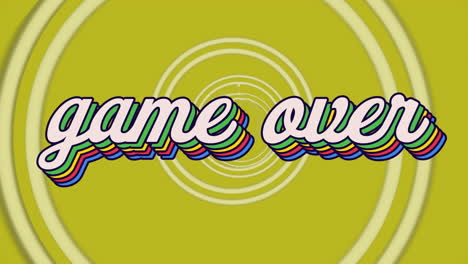 animación de un juego retro sobre texto de arco iris sobre múltiples círculos con contornos blancos sobre fondo de cal.