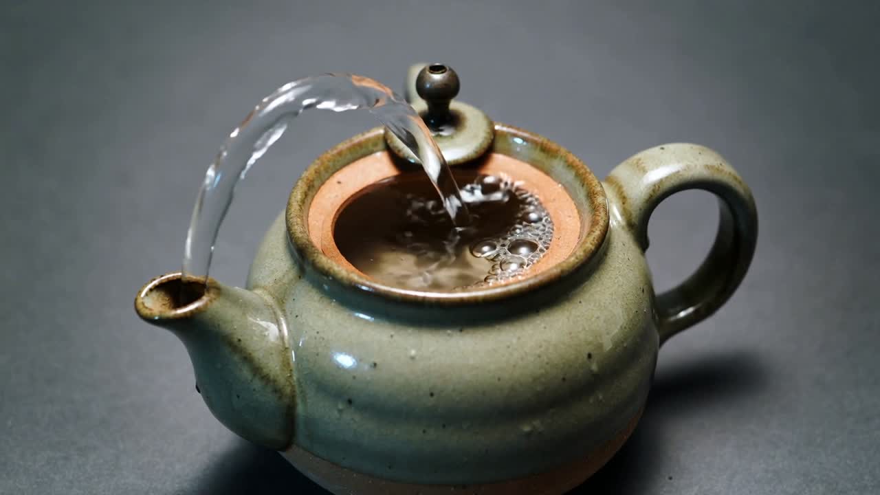 Pouring water stream from top-left into glazed open-top teapot on table, filling it and making foam